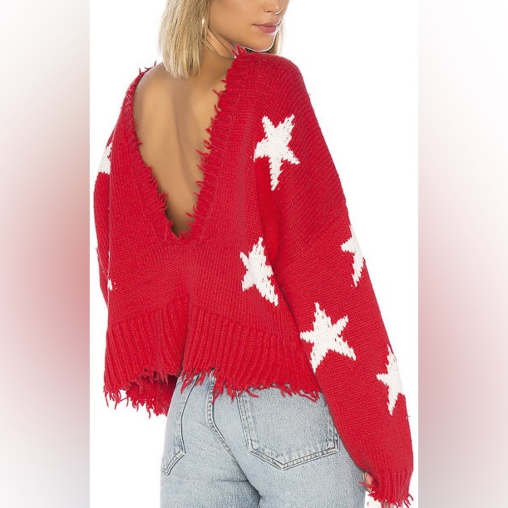 WILDFOX, Red/ White Stars V-Neck Oversized Sweater, Large